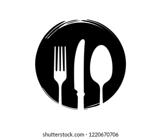 Silhouette Vector Fork, Knife, and Spoon  in the Classic Circle Sign Symbol Icon Flat Logo Template Design Inspiration