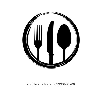 Silhouette Vector Fork, Knife, and Spoon  in the Classic Circle Sign Symbol Icon Logo Template Design Inspiration