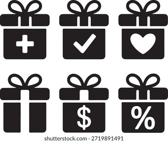Caja de regalo de Vector de silueta Check Heart Dollar Icons Set