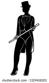 Silhouette vector graphic of female circus ringmaster front-on and Standing, wearing black tail coat, tophat, leotard, holding a cane in high heels.