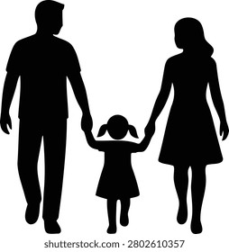 Silhouette vector graphic illustrates a mother, father, and daughter holding hands while walking together in unity.