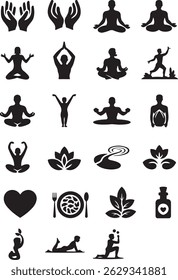 silhouette vector Gratitude, wellbeing, relationship, relaxation, balanced diet, stress management, yoga, health, exercise, spa, aromatherapy etc bundle on white background
