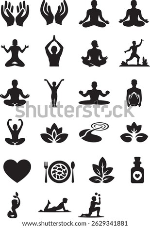 silhouette vector Gratitude, wellbeing, relationship, relaxation, balanced diet, stress management, yoga, health, exercise, spa, aromatherapy etc bundle on white background
