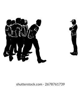 Silueta Vector de un grupo de hombres frente a una persona, confrontación o discusión en blanco y negro