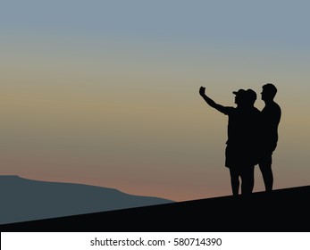 Silhouette vector of group of tourists enjoying mountain three and making a selfie.