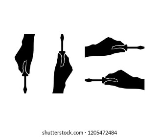 Silhouette Vector Hand Bring Screwdriver for Repair Sign Symbol Icon Set Logo Template Design Inspiration