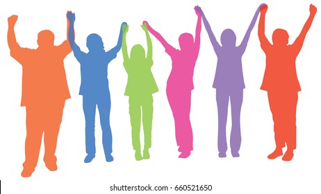 Silhouette vector of happy business team making high hands for business teamwork concept, Large group of people celebrating.