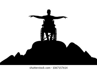 Silhouette vector of happy disabled man in wheelchair on top of mountain. The concept of happy people with disabilities