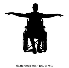  Silhouette vector of happy disabled man in wheelchair. The concept of happy people with disabilities