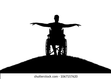Silhouette vector of happy disabled man in wheelchair on top of hill. The concept of happy people with disabilities