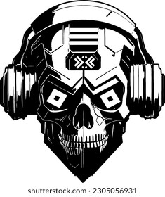 Silhouette Vector of a Headphones-Wearing Skull in Logo Design, Headphones Skull Logo Vector Illustration, Merging Music and Mystery