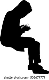 Silhouette vector of hooded young man using smartphone over white background