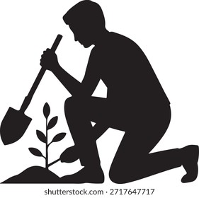 Silhouette vector of a human planting a young tree, symbolizing nature conservation, reforestation, and environmental awareness