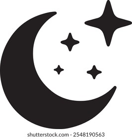 Silhouette vector icon of a crescent moon with small stars, perfect for night sky, bedtime, and dreamy-themed designs. High-quality EPS format, ideal for logos, illustrations, and creative projects.