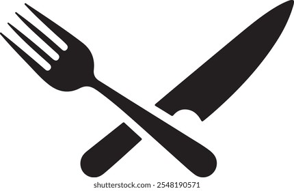 Silhouette Vektorsymbol einer gekreuzten Gabel und Messer, symbolisiert Essen, Küche und Restaurants. Perfekt für Menüdesigns, Food-Branding und kulinarische Projekte. Hochwertiges EPS-Format, elegant.