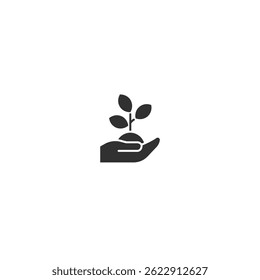 Icono de Vector de silueta de una mano que sostiene una Pequeña planta con hojas verdes y tierra. Esta ilustración representa el crecimiento, la sostenibilidad, la ecología, el cuidado del medio ambiente y la reforestación.