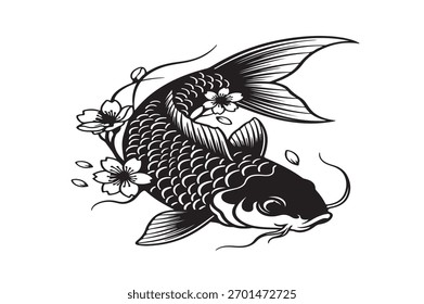 "Silhueta ícone vetorial de um koi peixe em estilo japonês tradicional no fundo branco. 