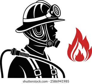 A silhouette vector icon representing International Firefighters' Day. Feature a firefighter’s helmet, a water hose, a flame symbol, or a fire truck. The design should emphasize heroism and emergency 