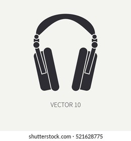 Silhouette vector icon with retro electrical audio device studio headphones. Analog broadcast. Music. Cartoon style. Nostalgia musical equipment. Vector illustration , element for your design. Loud.