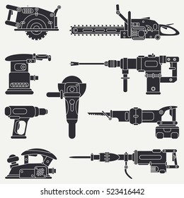 Silhouette vector icon set with building electrical tools. Construction and repair work. Powerful industrial instrument. Cartoon style. Vector illustration , element for your design. Engineering. Work