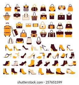 Silhouette Vektorsymbol Satz von Männern und von Frauenschuhen Mode Schuhe und Taschen. Kollektion von Modezubehör - Illustration  