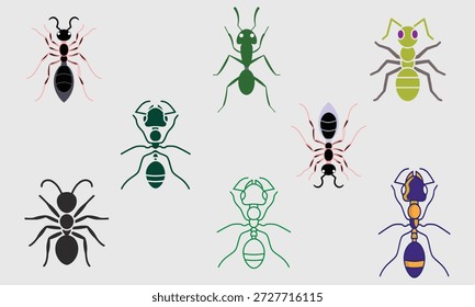 Conjunto de ícones de vetor de silhueta mostrando vários estilos de formigas para projetos de natureza e com temas de biologia.