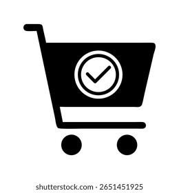 Ícone de vetor de silhueta do carrinho de compras com marca de seleção, representando confirmação de compra, check-out bem-sucedido e conclusão do pedido.