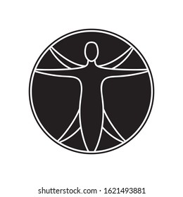 Silhouette vector icon of vitruvian man. Sign of human figure enclosed in circle for illustration for canonical proportions. Outline black and white isolated emblem