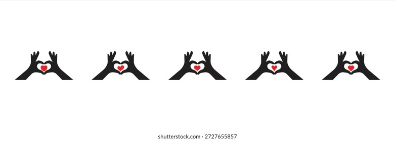 Silhouette vector illustration of abstract black hands in the air forming a romantic heart shape, symbolizing love and care