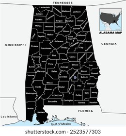 
Ilustración vectorial de la silueta de Alabama Mapa con los límites de los estados y nombres sobre fondo blanco