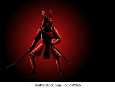 Silhouette vector illustration of an armored Samurai on dark red background