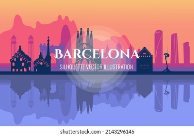 Silhouette vector illustration of Barcelona with sunset and reflection in water