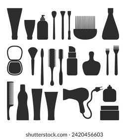 silhouette of vector illustration of beauty care tools,makeup and hair tools salon cosmetic