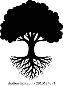 Silhouette vector illustration of a big oak tree with roots design