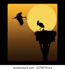 silhouette vector illustration of a bird flying and a bird standing in a nest