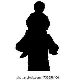 silhouette vector illustration in black on white background of a father carrying a young son on his shoulders icon in half of the father body
