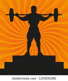Silhouette vector illustration of a bodybuilder standing with weights on his shoulders. Man working out with weights on a platform. Starburst background. 