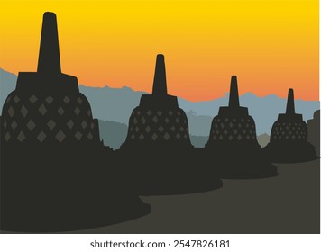 silhouette vector illustration of borobudur temple in the afternoon, the beauty of borobudur behind the dusk, borobudur sunrise or sunset, the largest buddhist temple on the island of java