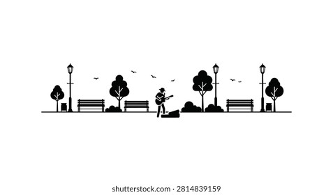 Silhouette vector illustration of busker playing guitar on park path surrounded by benches lamp posts and trees at daytime.