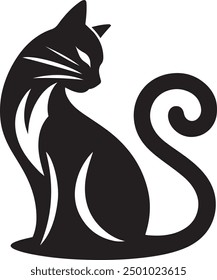 Silhouette vector illustration of cat sitting gracefully with its tail curled around its paws.