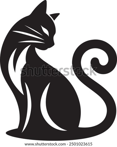 Silhouette vector illustration of cat sitting gracefully with its tail curled around its paws.