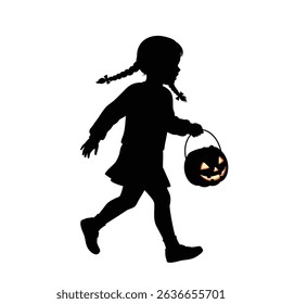 Silhouette vector illustration of a child trick-or-treating with candy bag on a white background.