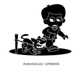 Silhouette vector illustration of children afraid of dogs