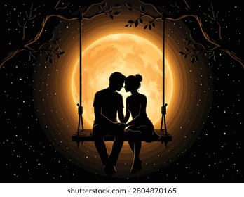Silhouette vector illustration couple sitting on swing under moonlit.