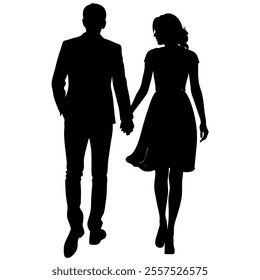 Silhouette vector illustration of a couple standing and holding hands, symbolizing love, unity, and togetherness Perfect for romantic designs, wedding themes, or relationship projects.