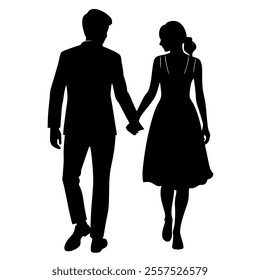 Silhouette vector illustration of a couple standing and holding hands, symbolizing love, unity, and togetherness Perfect for romantic designs, wedding themes, or relationship projects.