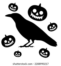 Silhouette vector illustration of a crow with a helloween pumpkin. Isolated on a white background. Great for Halloween themed logos