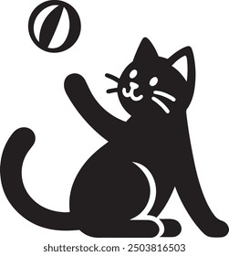 Silhouette vector illustration of cute cat playing with a ball. Kitten outline with ball.