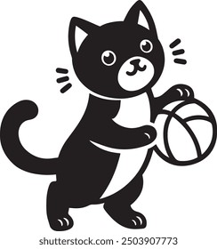 Silhouette vector illustration of cute cat playing with a ball. Kitten outline with ball.