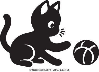 Silhouette vector illustration of cute cat playing with a ball. Kitten outline with ball.